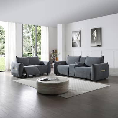 Linen 5-Seater Recliner Sofa Set with USB & Storage Console