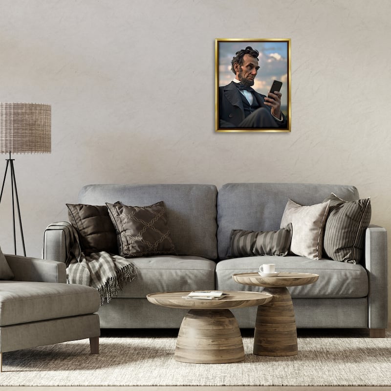 Stupell Abe Lincoln with Cellphone Framed Floater Canvas Wall Art Design By Michael McKinney