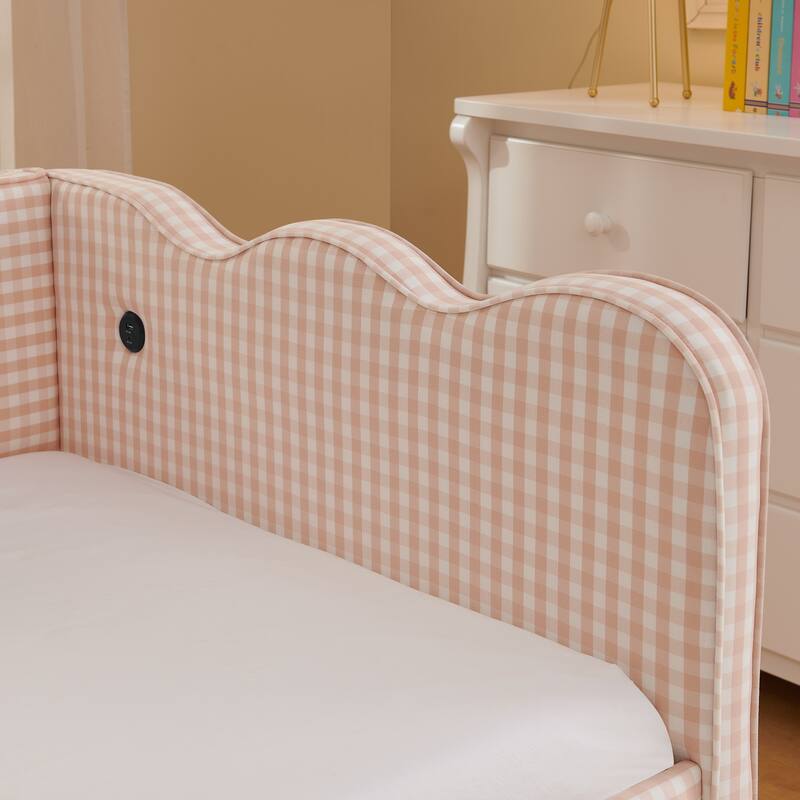 Twin Gingham Daybed with Trundle - USB Ports, Wave Design, Linen Fabric, No Box Spring