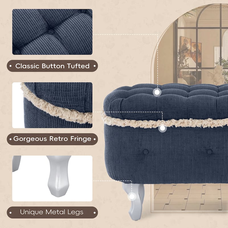 Roomfitters Upholstered Storage Bench with Button Tufted Top, End of Bed Bench with Fringe and Curved Legs