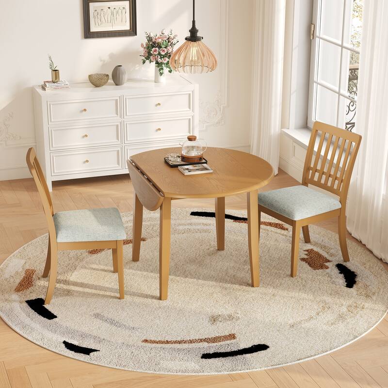 3-Piece Round Dining Table Set for 2 People, 1 Folding Wood Dining Table + 2 Upholstered Chairs, for Small Apartments - Light Brown