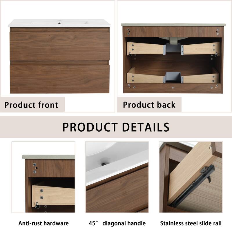 Bathroom Vanity With Sink In 24/30/36 Inch, Floating Bathroom Vanity With Soft Close Drawer