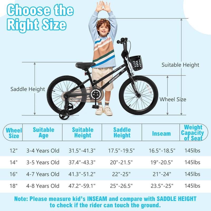 Costway 12"/14"/16"/18" Kid’s Bike with Training Wheels Adjustable - See Details