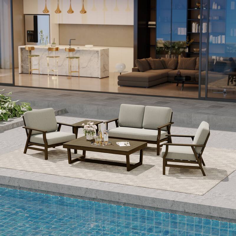 Modern Wood Cushioned Outdoor Patio Sofa Loveseat with Coffee Table