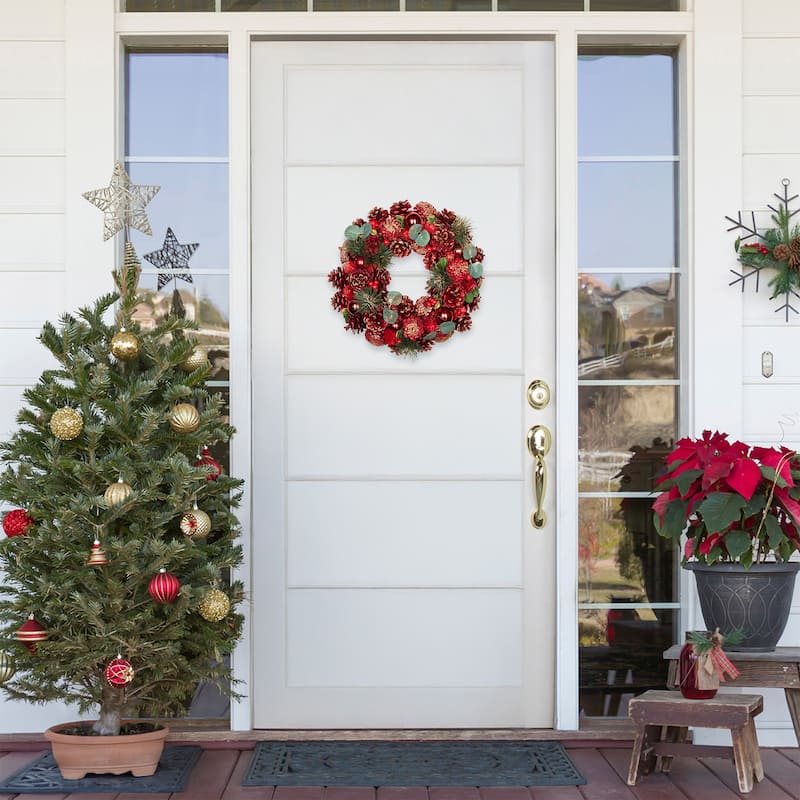 Pinecone, Berry and Ball Ornament Glittered Artificial Christmas Wreath - 13" - Unlit