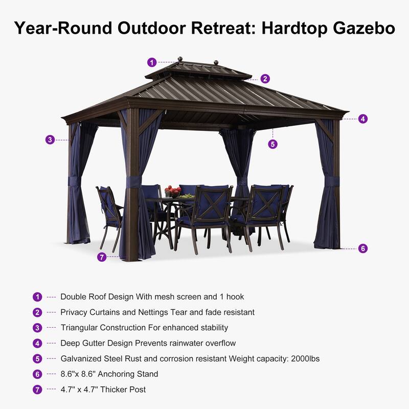 PURPLE LEAF Outdoor Gazebo Aluminum Frame Galvanized Steel Hardtop Gazebo