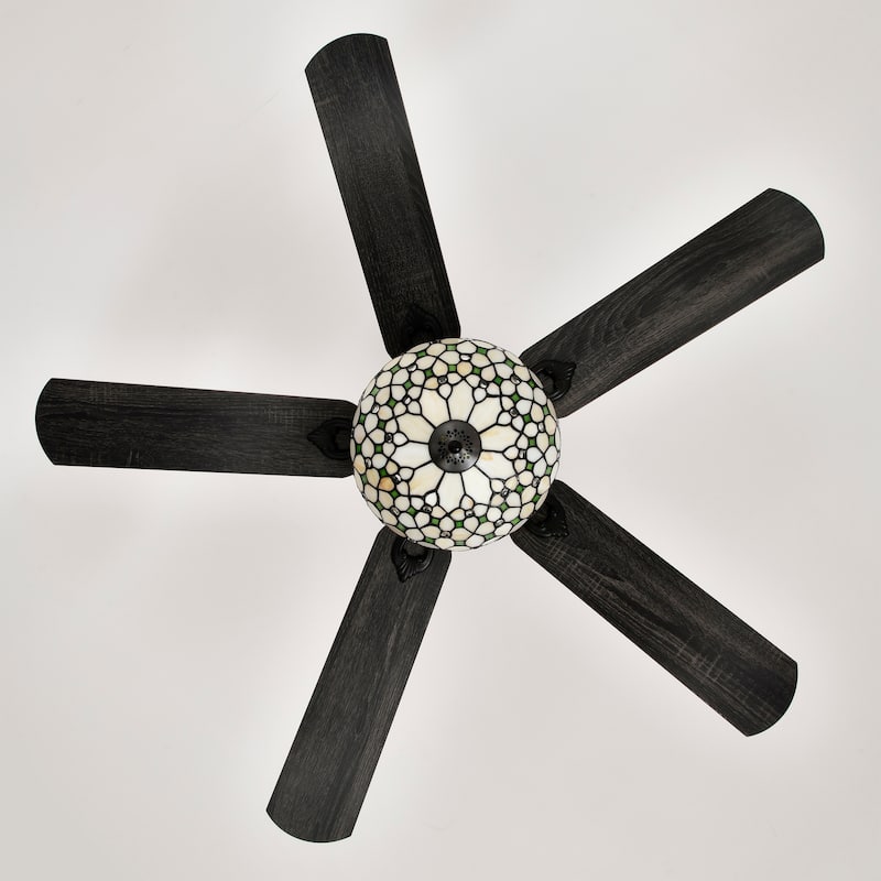 Guarvey 52-Inch Flushmount Two-Tiered Lighted Ceiling Fan Ivory Tiffany Glass Lamp Black Finish