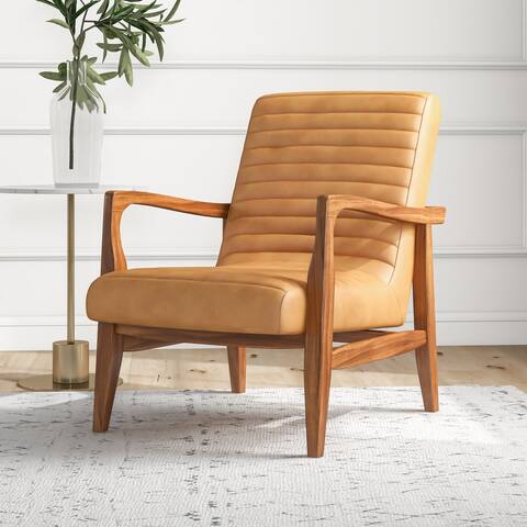 Noam Mid Century Modern Furniture Style Wide Top Leather Cognac Tan Accent Armchair