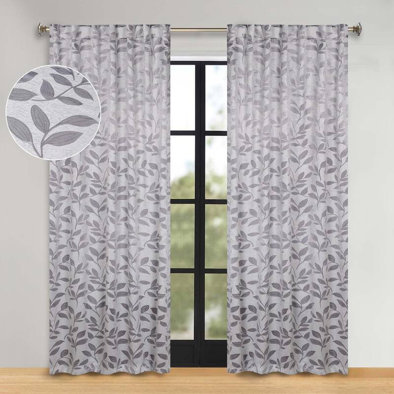 Superior Leaves Machine Washable Room Darkening Curtains with Back Tabs, Set of 2 - 52" x 84" - Grey