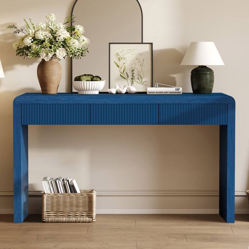 Rustic 52.9" Console Table with 3 Fluted Drawers and Solid Wood Veneer for Entryway Display and Storage