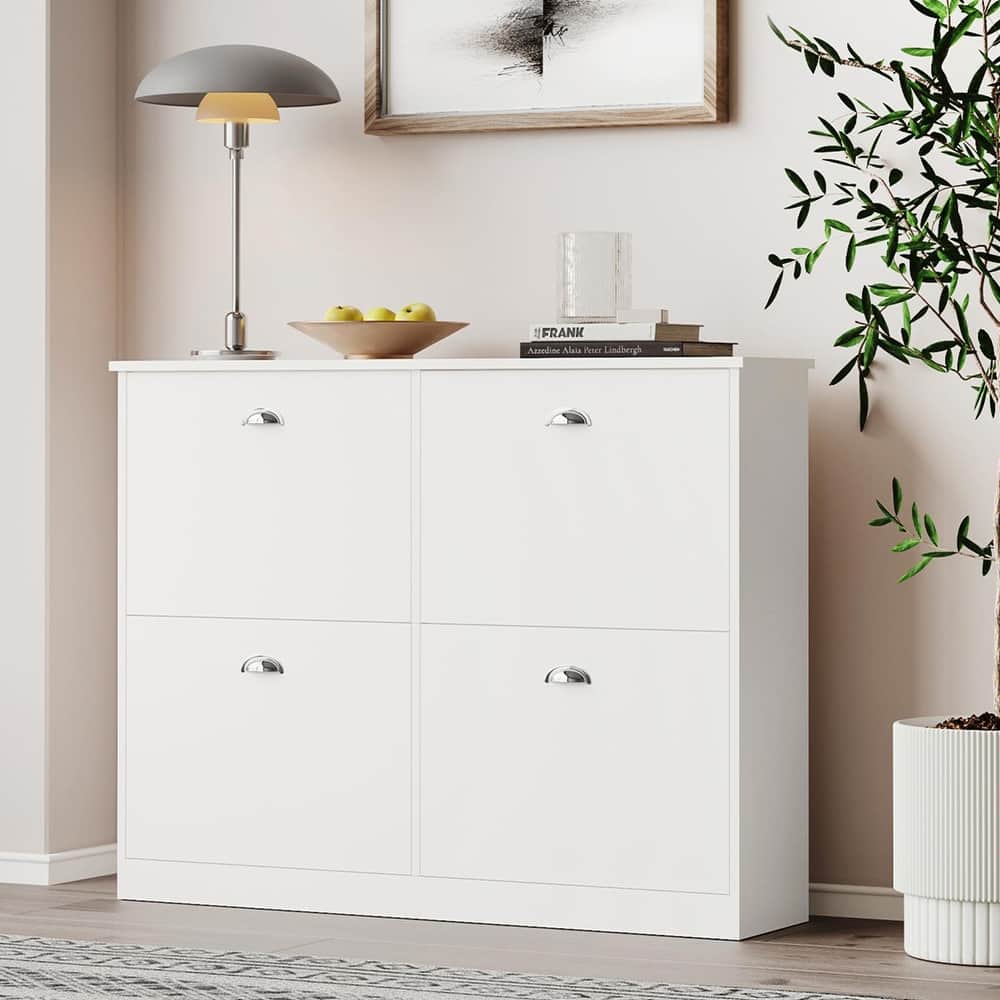 24 Pair Shoe Storage Cabinet w/4 Flip-top Drawers and Adjustable Shelves - 4-Tier