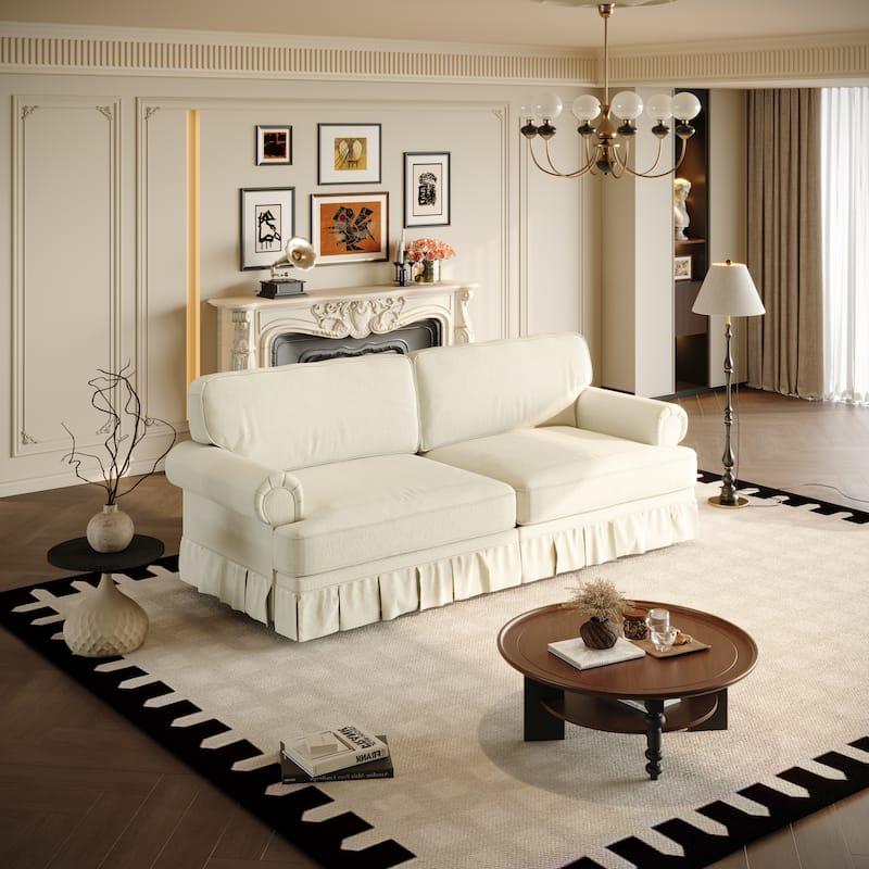 Chenille Upholstered 3-Seater Sofa, Comfy Deep Seat Cloud Couch, Lounge Sofa with Rolled Armrests & Pleated Skirt