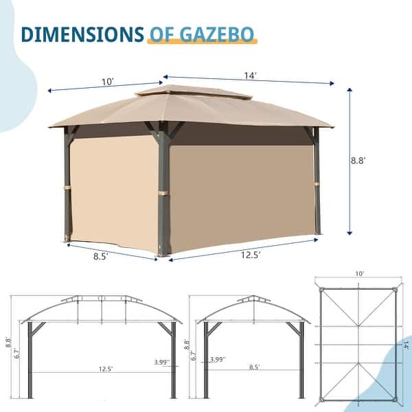 dimension image slide 0 of 2, Gazebo 10x14FT, Outdoor Gazebo with Double Roofs, Privacy Curtains, Mosquito Nettings, Heavy Duty Metal Frame Party Tent