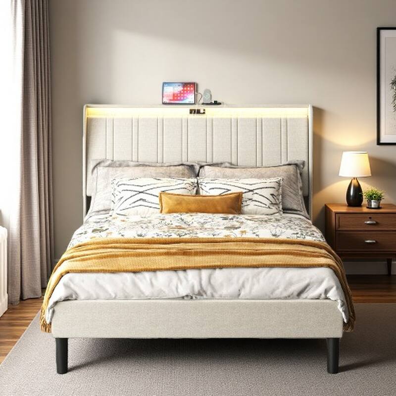 Queen Size Upholstered Platform Bed with Charging Ports, Padded Headboard and Wood Slat Support, Noise-Free Metal Frame - Full Beige - Full