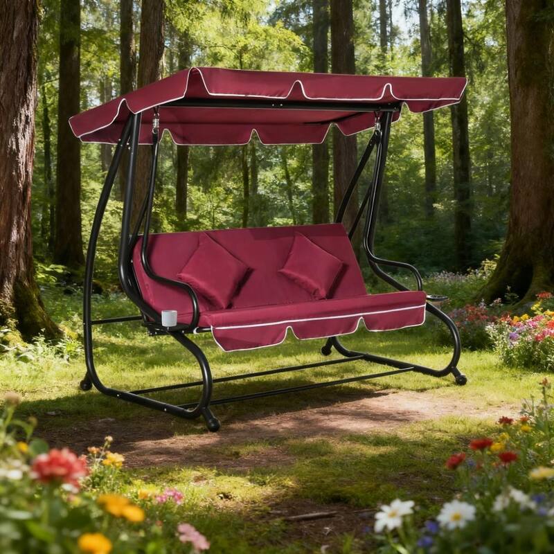 GDFStudio - 3-Seat Outdoor Swing Bench with Adjustable Canopy and Removable Cushions