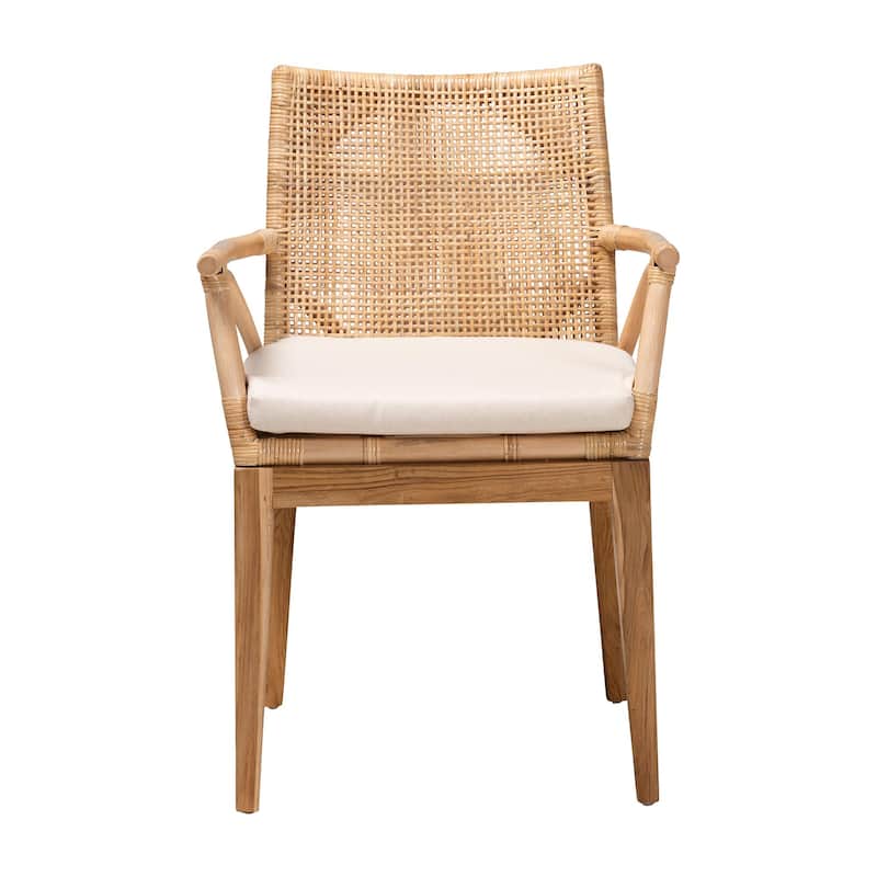 Storsel Modern Bohemian Natural Brown Finished Teak Wood and Rattan Dining Chair with Cream Fabric Cushion