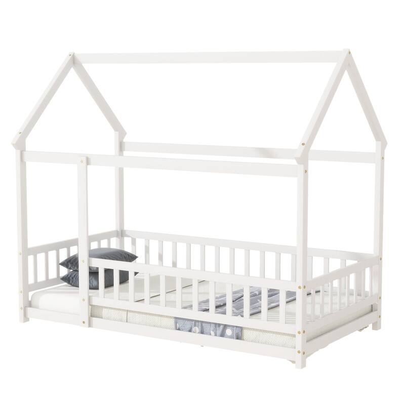 Twin Size House Bed Wooden Floor Bed with Roof Frame,Safety Guardrails