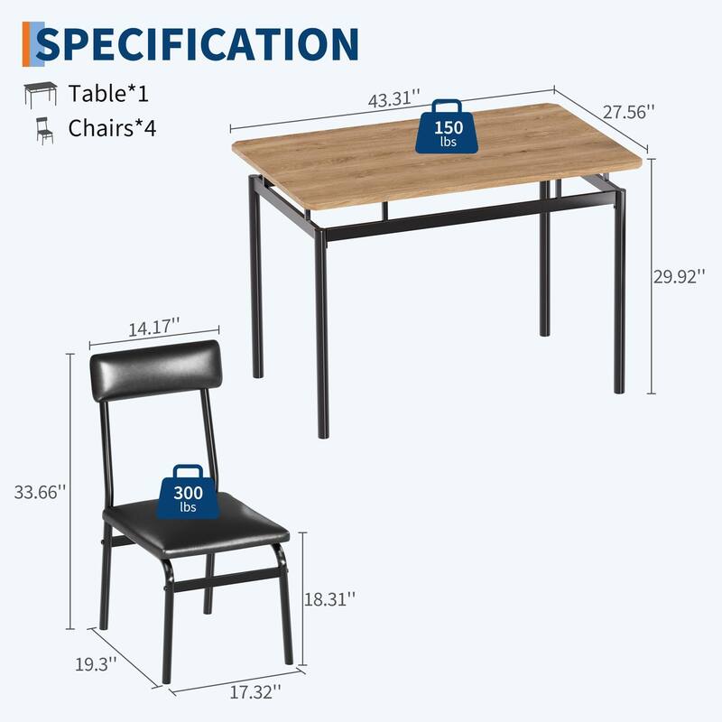 5 Piece Dining Table Set for 4, Small Industrial Kitchen Table with PU Padded Chairs & Metal Frames