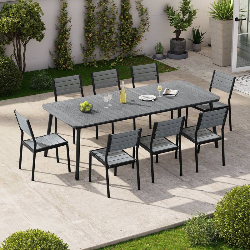 9-Piece Rustproof Aluminum Rectangle Patio Outdoor Dining Set with Slat Table and Stackable Chairs