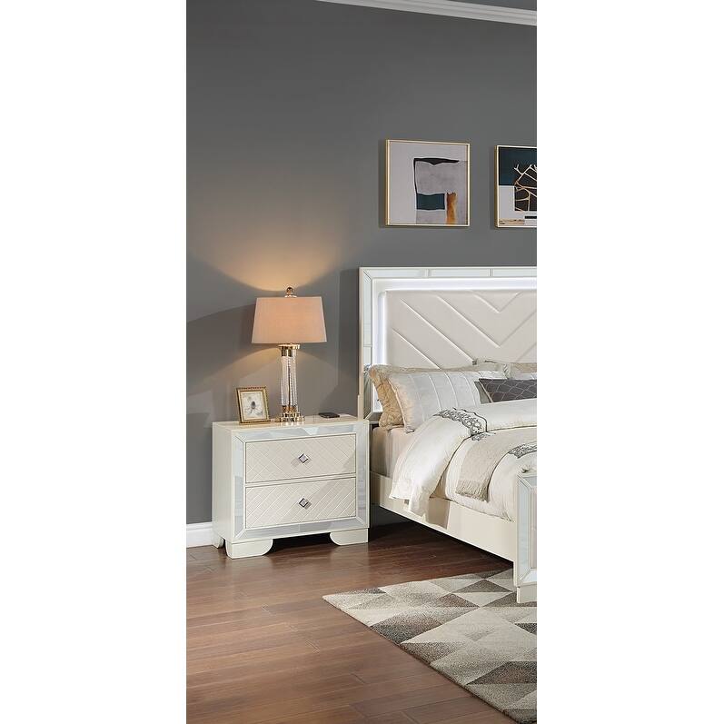 1pc Nightstand Bedside Table 2x Drawers w Mirror Glass Panel
