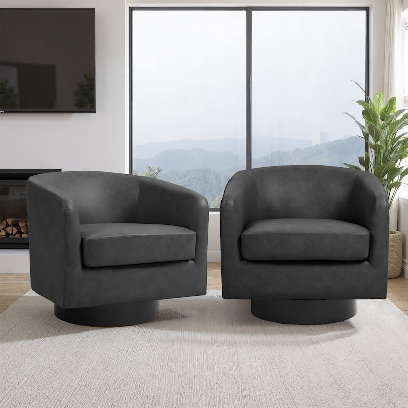 2 Set Modern Wide Round Swivel Accent Barrel Chairs - Faux Leather - P-Black-Set of 2