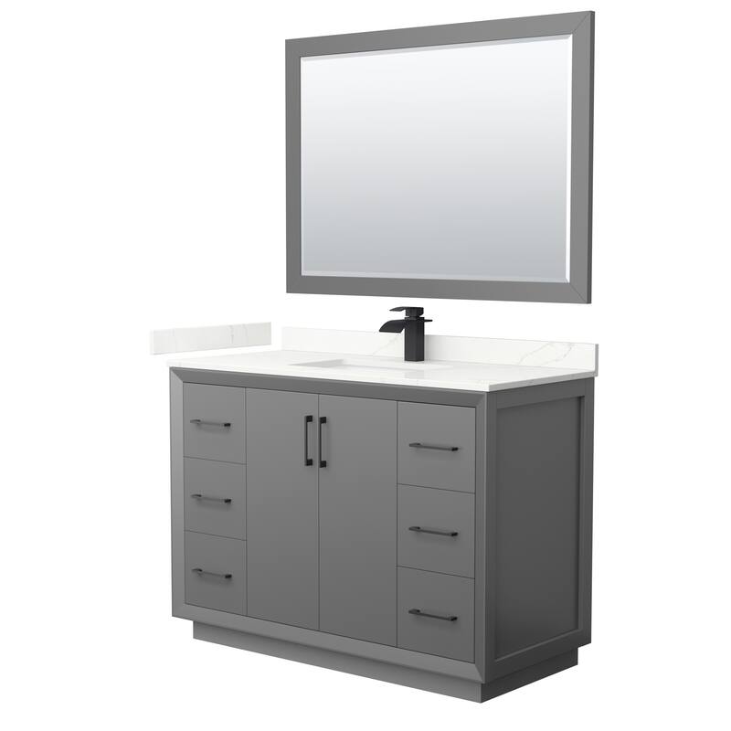 Strada 48-inch Single Vanity, Quartz Top, 46-inch Mirror - Dark Gray, Black Trim, Giotto Quartz Top