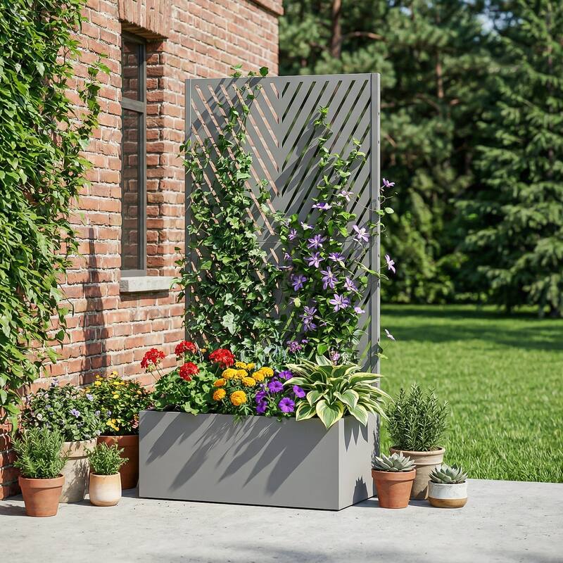 Raised Garden Bed Planter with Trellis Movable Planter Box with Lockable Wheels - 59"x30" - Grey