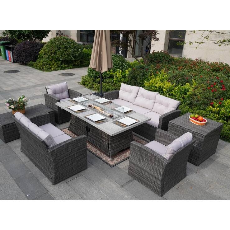 7-Piece Patio Wicker Sofa Set With Aluminum Dining Table and Storage End Table - Grey
