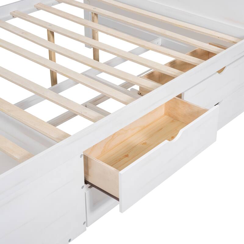 Pine Wood Daybed Frame with 4 Storage Drawers & Shelves