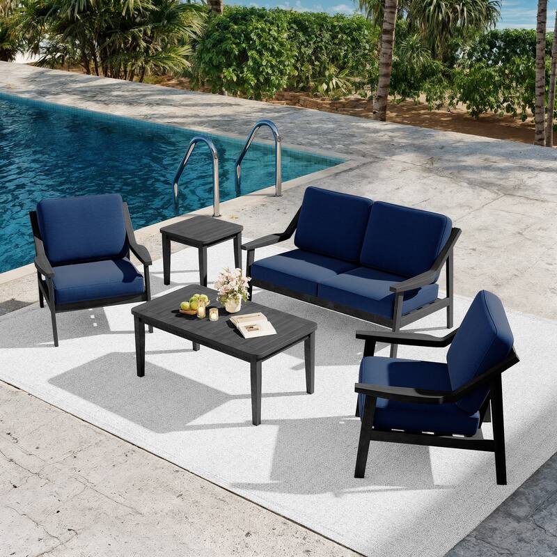 5-piece Adirondack Patio Teak Lounge Chairs Loveseat Conversation Set - BlackFrame-Navy