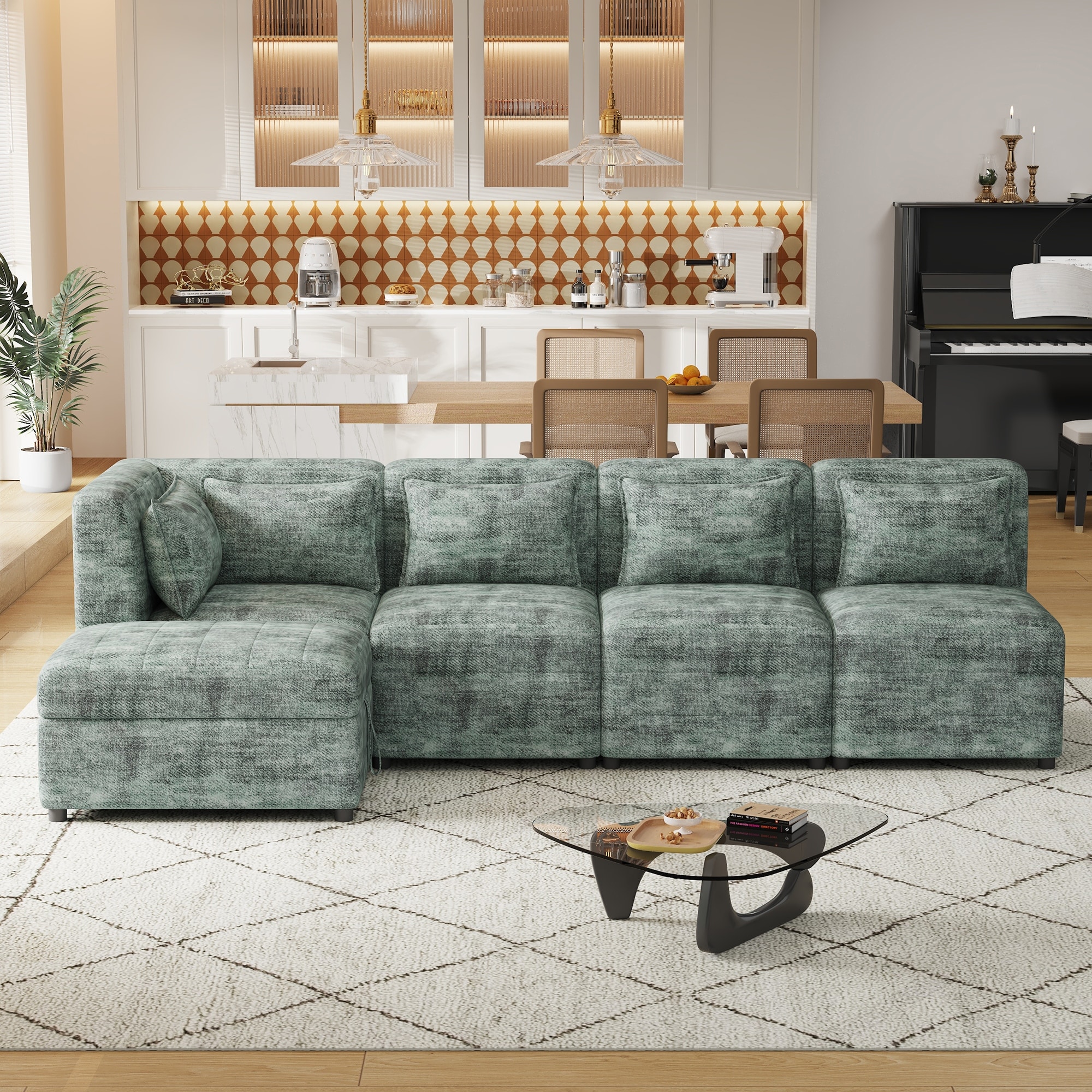 5 Seater Modular Couch with 5 Pillows L shape Sectional Sofa with Storage Ottoman Chaise Lounge Blue Green Chenille Sofa