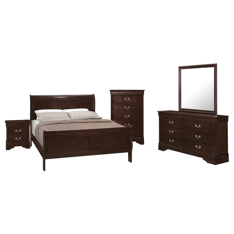 Nim 5pc Queen Sleigh Bedroom Set, Nickel Drop Handles, Dark Brown Wood