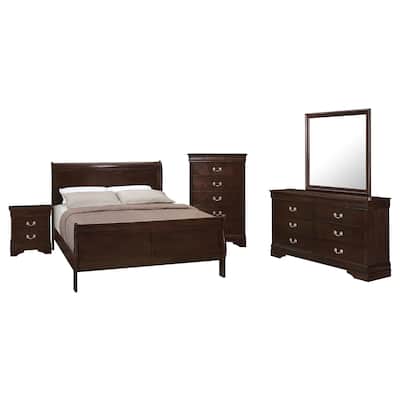 Nim 5pc Queen Sleigh Bedroom Set, Nickel Drop Handles, Dark Brown Wood
