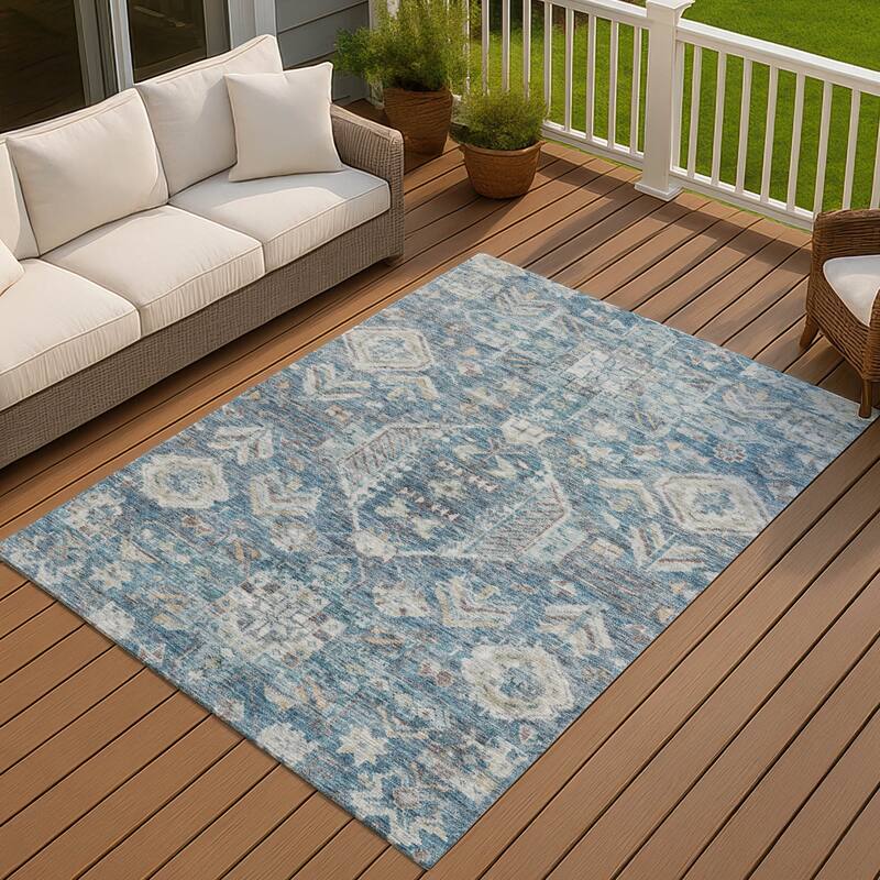 Machine Washable Indoor/ Outdoor Boho Traditional Chantille Rug - Denim - 9' x 12'
