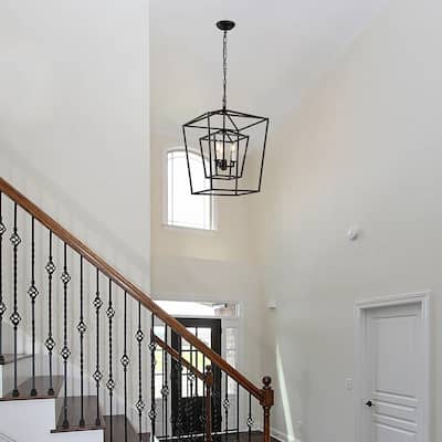 17 Iinches Wide Double Cage Lantern Pendant Lamp 3-Light Stairway Entry Chandelier Ceiling Light