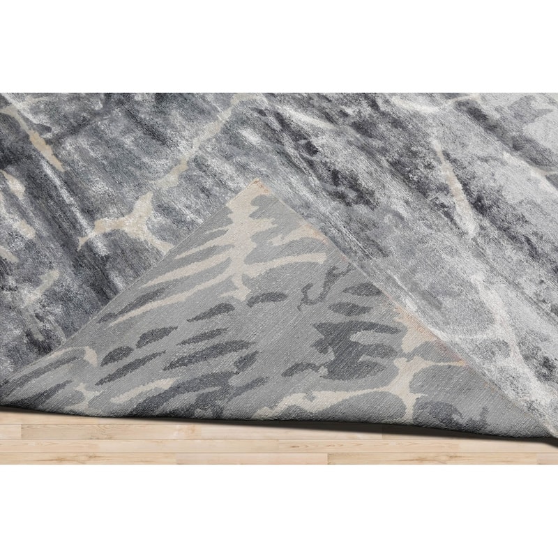 Hand Knotted Designer Tone On Tone, Gray Tibetan Bamboo Silk Area Rug - 9' 2'' x 12' 2''