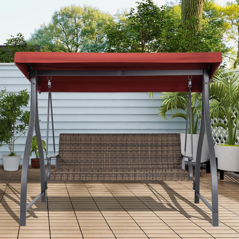 Aoodor 3-Seat Outdoor Rattan Patio Swing with Adjustable Canopy - Stylish Comfort for Your Porch, Garden, and Yard - Red