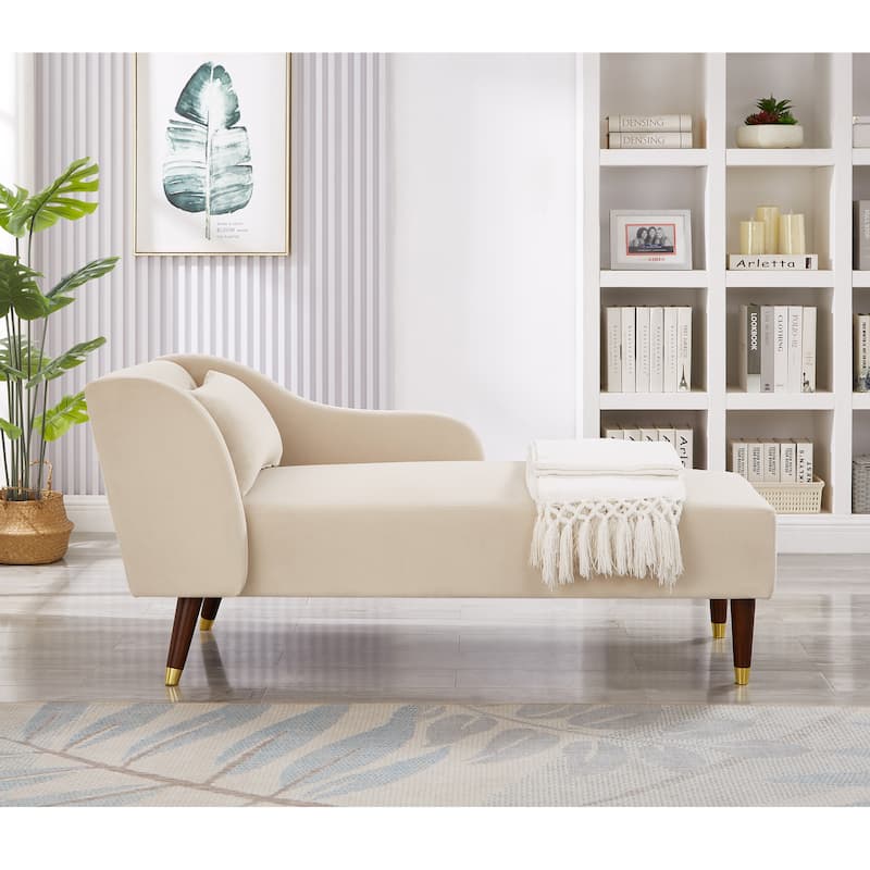 GDFStudio - Velvet Chaise Lounge with Removable Pillow and Gold-Trimmed Wooden Legs