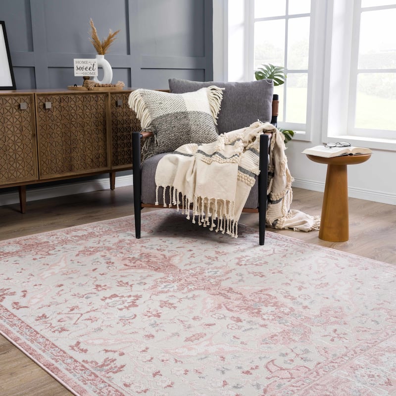 Hauteloom Calum Living Room, Bedroom Area Rug - Farmhouse - High Pile - Pink,Gray - 7'9" x 9'6" - 5'2" x 7' - Pink, Grey / Zora