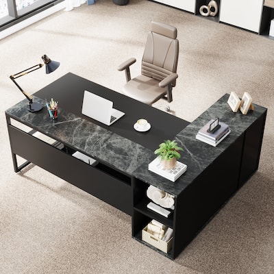 71 inch Executive Desk, L Shaped Desk with Cabinet and Shelves for Home Office