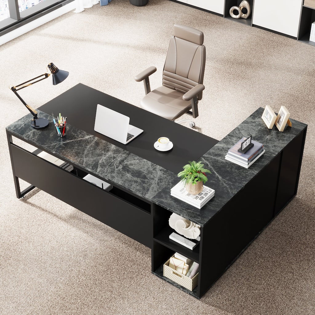 71 inch Executive Desk, L Shaped Desk with Cabinet and Shelves for Home Office