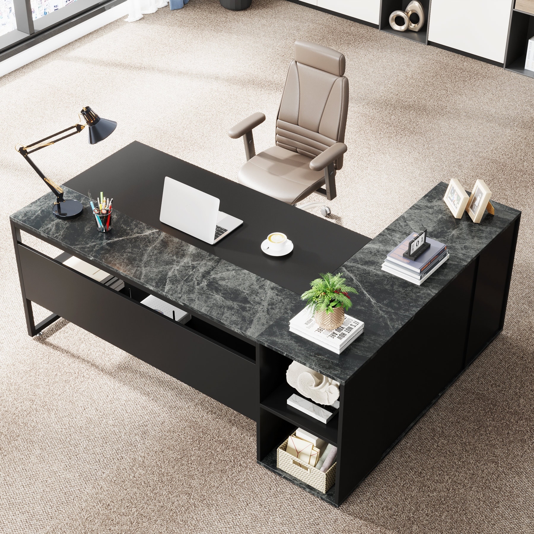71 inch Executive Desk, L Shaped Desk with Cabinet and Shelves for Home Office