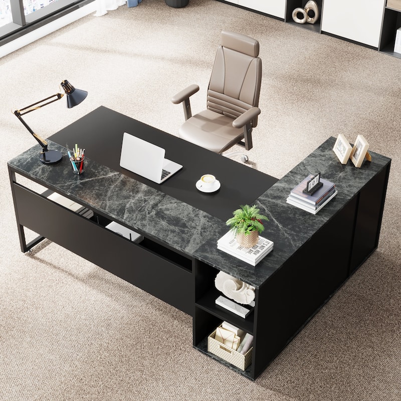 71 inch L Shaped Executive Desk with Cabinet, Corner Computer Desk (Rustic Brown)