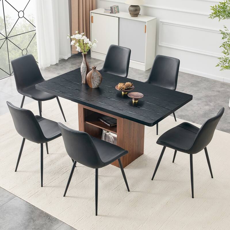 7-Piece Set, 59-71" Extendable Dining Table with PU Upholstered Dining Chairs - Black