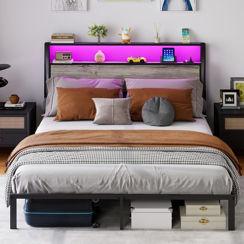 Rustic Grey Metal Bed Frame Platform Bed with Storage Headboard, RGB LED Light & Charging Station