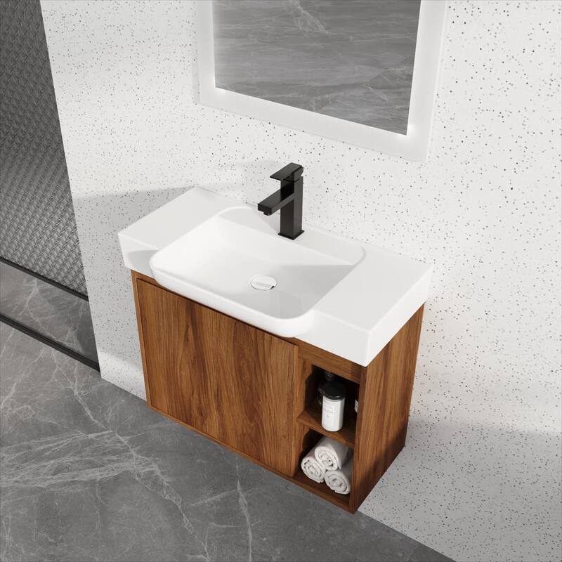 28'' Wall-Mounted Bathroom Vanity with White Ceramic Sink & Soft-Close Door, KD-Packing - Brown Ebony