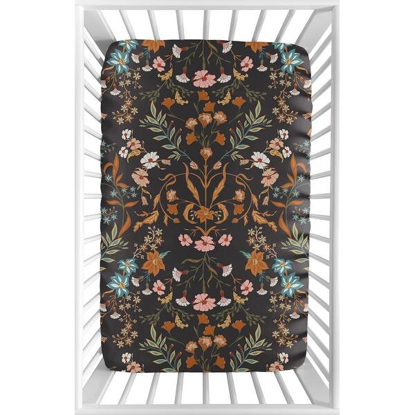 slide 2 of 6, Sweet Jojo Designs Boho Wildflower Vintage Floral Girl Fitted Mini Portable Crib Sheet Black Orange Bohemian Farmhouse Botanical