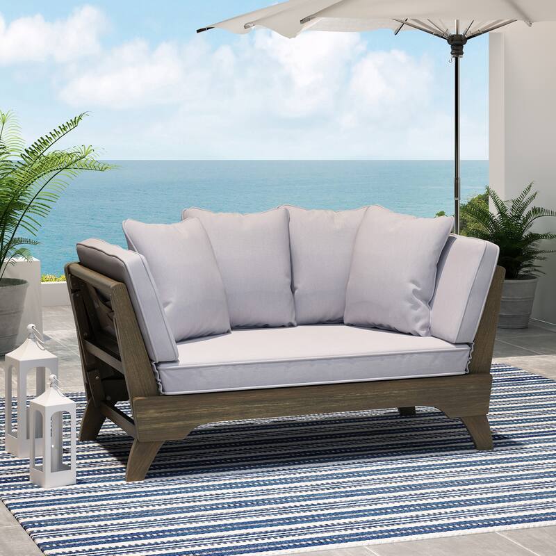 Expandable Daybed with Cushions, Outdoor Couch Acacia Wood Patio Couch with Adjustable Armrests