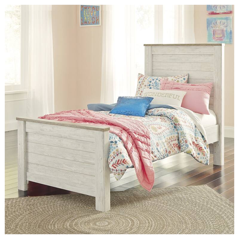 Signature Design By Ashley Willowton Vintage Casual White Wash Panel Bed - Whitewash - Width: 42.50"Depth: 81.75"Height: 53.75" - Whitewash