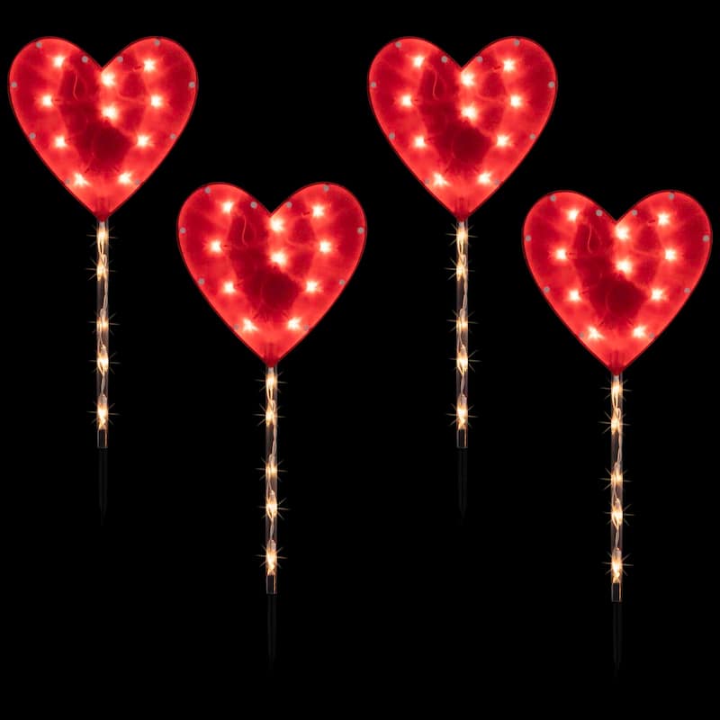 4ct Red Heart Valentine's Day Pathway Marker Lawn Stakes, Clear Lights